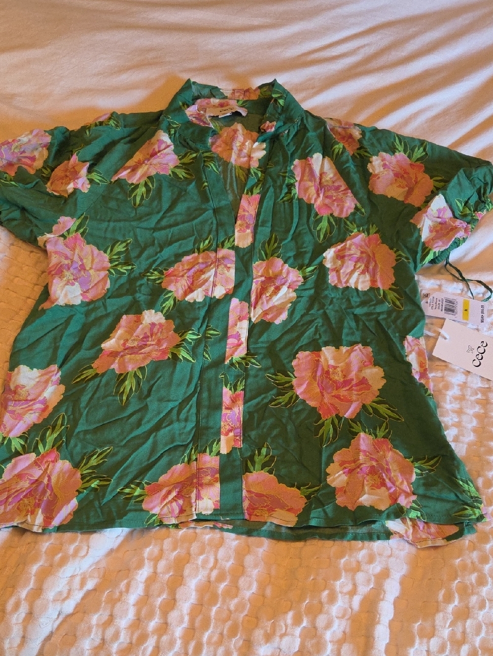 CeCe Green Button-Down Shirt with Pink Floral Print